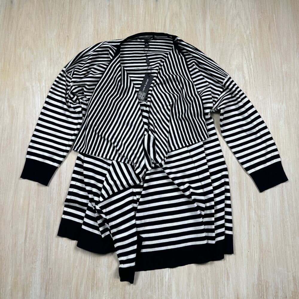 NWT Cable & Gauge Black White Striped Casual Open Front Cardigan Sweater Medium